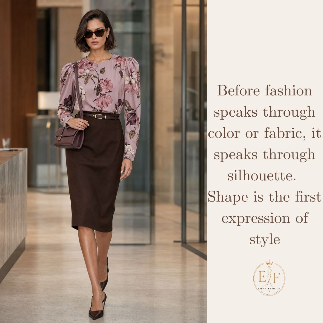 Elegant woman wearing a structured Fall/Winter 2026–2027 silhouette with a defined waist and architectural shoulders